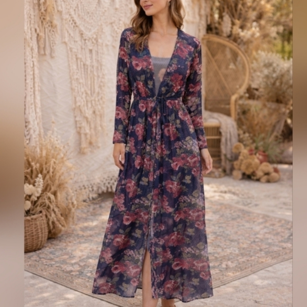 GUESS Los Angeles Floral Mesh Maxi Dress Size M Navy Red Long Sleeve Sheer